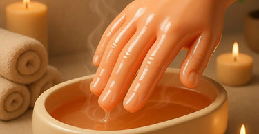 Professional paraffin wax hand treatment being performed in a spa setting