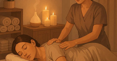 A serene prenatal massage session with a pregnant woman comfortably positioned on a massage table, surrounded by calming spa essentials