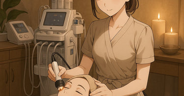 Professional performing radiofrequency skin tightening facial treatment on client