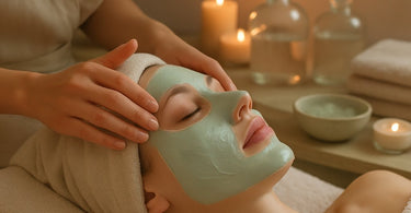 Close-up of esthetician performing gentle facial massage on client with rosacea-prone skin