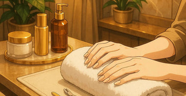 A spa luxury manicure in progress showing perfectly shaped nails being polished with a glossy red color