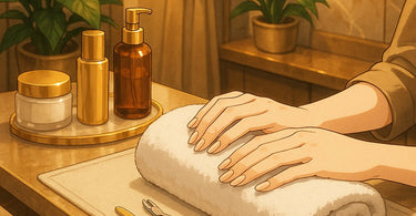 A spa luxury manicure in progress showing perfectly shaped nails being polished with a glossy red color