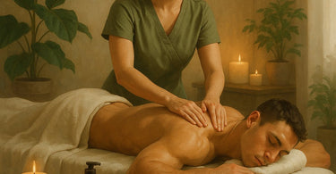 Professional sports recovery massage in progress showing therapist working on athlete's leg muscles