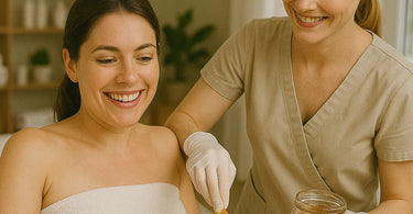 Esthetician performing sugaring hair removal treatment on client's leg in spa setting