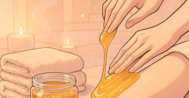 Close-up of esthetician performing sugaring hair removal treatment with smooth paste application