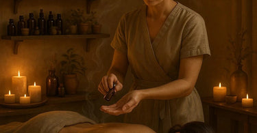Aromatherapy massage in progress showing hands applying essential oils to a client's back in a serene spa setting