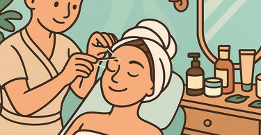 Professional eyebrow threading service in progress showing precise hair removal technique