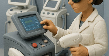 Professional calibrating a laser hair removal machine in a modern spa setting
