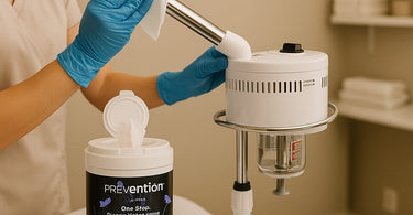 Professional facial steamer being sanitized with disinfectant and brushes on a spa table