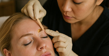 Nail technician performing waxing service on client's brows during manicure appointment