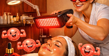 A serene spa treatment showing a client undergoing red light therapy with a professional LED panel, with bottles of collagen-boosting serums and creams beautifully arranged nearby.
