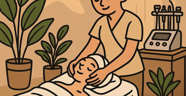 Professional esthetician performing a high-tech neck tightening and rejuvenating treatment on a client in a spa setting