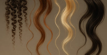 Close-up comparison of hair color on different curl patterns and densities showing variation in color uptake