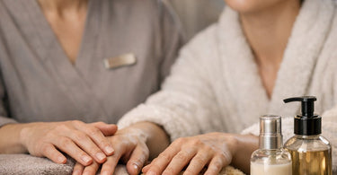 A spa professional gently applying a creamy product to a client's hand while the client is relaxed and wearing a blindfold, highlighting the sensory focus of the Texture Tour experience.