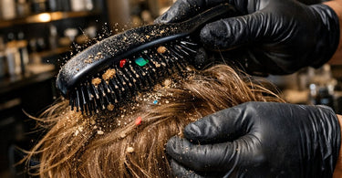 A surprised hairstylist holding a comb, looking at a client's hair with a magnifying lamp, hinting at a funny discovery
