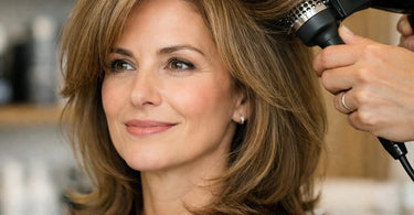 A hairstylist providing a volume-boosting blowout and consult to a client with fine or thinning hair in a modern salon setting