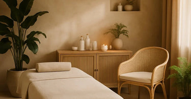 Serene spa treatment room with soft lighting, comfortable massage table, and calming decor elements