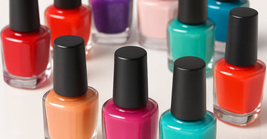 Professional nail polish bottles in various colors displayed on a salon table