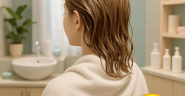 A professional hairstylist using a white microfiber towel to gently blot a client's damp hair before applying color, showcasing the perfect level of moisture.