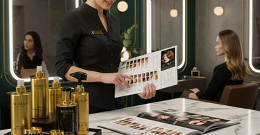 A stylist applying hair dye to a client in a high-end salon setting