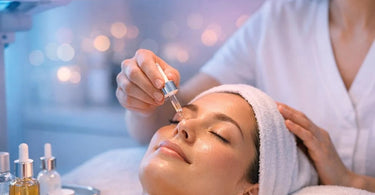 A professional esthetician performing an LED light therapy facial treatment on a client in a serene spa setting.