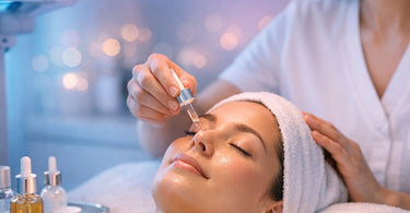 A professional esthetician performing an LED light therapy facial treatment on a client in a serene spa setting.