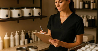 Professional waxing supplies laid out on a spa table, including wax warmers, spatulas, and post-wax care products