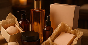 Beautiful spa product unboxing experience with luxury packaging, tissue paper, and skincare products