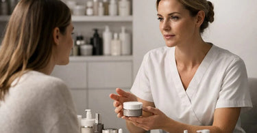 A spa owner thoughtfully reviews business financial documents and a tablet in a serene, well-organized treatment room.