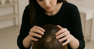 Professional stylist mapping hair growth patterns on a client's scalp in a salon setting