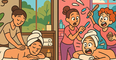 A calm and professional spa therapist gracefully managing two clients in a serene salon environment