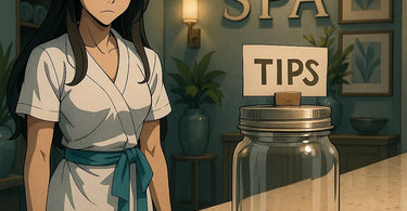 Spa professional receiving cash tip from satisfied client in upscale treatment room