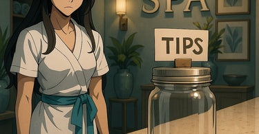 Spa professional receiving cash tip from satisfied client in upscale treatment room
