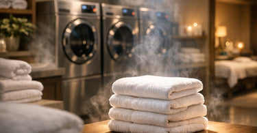 A stack of clean, fluffy white spa towels neatly folded, symbolizing the importance of a proper laundry system for salon and spa sanitation.