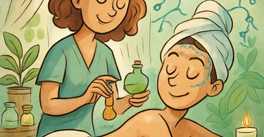 A serene spa setting showing a therapist performing a gentle neck massage, illustrating vagus nerve stimulation for deep relaxation