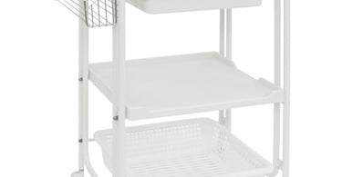 Versatila Esthetician Trolley in Brown by Spa Masters featuring 2 shelves, 1 drawer, 1 large bin, and 1 side bin on Pure Spa Direct