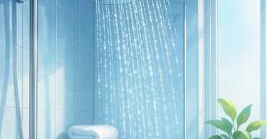 Aesthetician discussing skincare with a client, with a focus on water droplets on skin and a sleek showerhead in the background