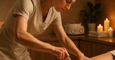 A waxing professional demonstrating proper ergonomic posture and body mechanics while performing a waxing service in a spa