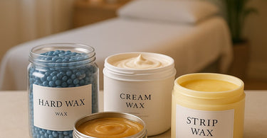 Comparison of different professional wax types including hard wax, soft wax, cream wax and strip wax for spa and salon use