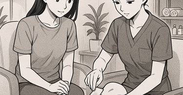 Two women in a spa setting, one comforting the other who is about to receive a waxing treatment, showcasing moral support.