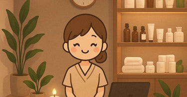 A serene spa treatment room with a tidy waxing setup, featuring a wax warmer, clean towels, and hygiene products, representing professional waxing etiquette.