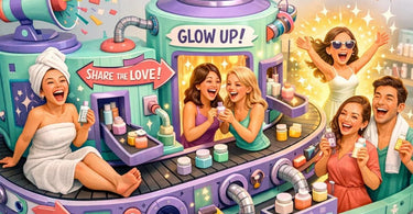 Two smiling beauty professionals in a spa discussing a client referral with a tablet, surrounded by luxury spa products.