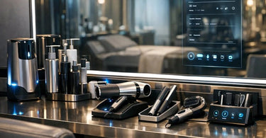 Futuristic salon workstation with integrated technology, smart mirror, and organized tools for stylists.
