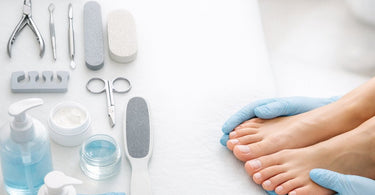 A close-up image related to salon policies for toenail fungus, featuring a pedicure setup and nail care products, emphasizing professional sanitation and client safety.