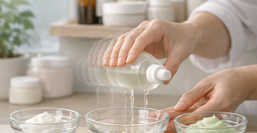 Close-up of a spa professional using a measuring spoon to portion product into a small bowl, preventing waste of backbar creams and lotions.