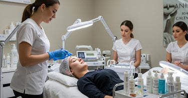 Esthetician training on advanced facial techniques in a modern spa setting