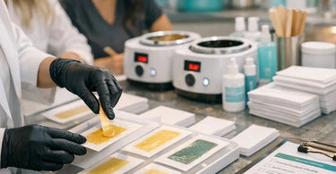 Waxing training supplies including practice strips, checklists, and a stopwatch for timing drills on a spa table.