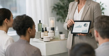 Smiling spa consultant recommending a retail product to a happy client, illustrating comfortable and effective sales techniques.