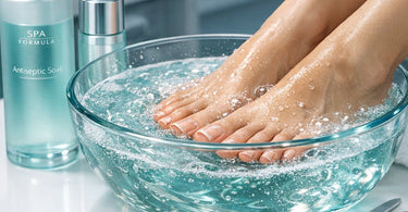 Close-up of a woman's feet receiving a professional pedicure treatment with a disinfectant soak in a modern spa setting
