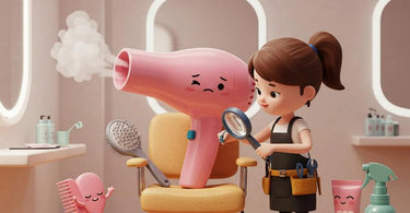 Frustrated hairstylist troubleshooting a salon hair dryer during a busy workday